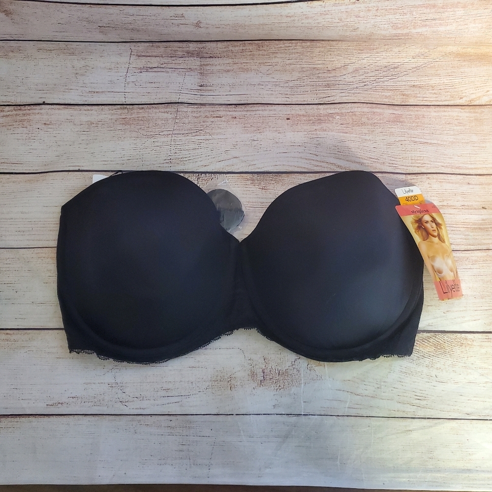 NWT LILYETTE by BALI 40DD Black Strapless Padded Bra with Convertible Straps
